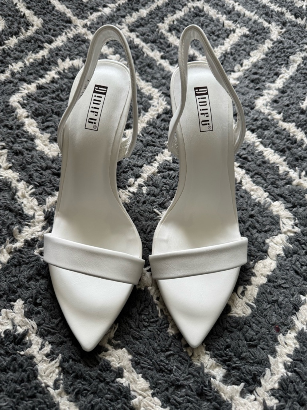 IDIFU White Pointed Slingback Heels with Single Toe Strap